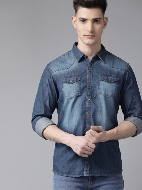 

BEAT LONDON by PEPE JEANS Men Navy Blue Pure Cotton Slim Fit Casual Shirt