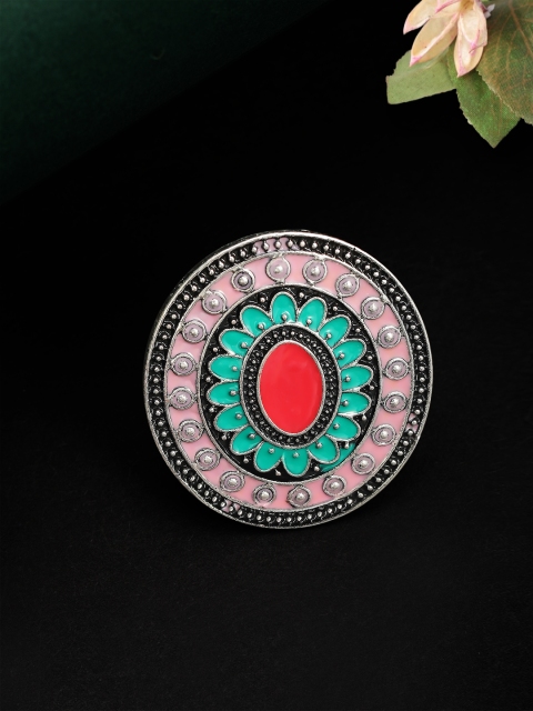 

Rubans Women Silver-Plated Pink & Green Enamelled Handcrafted Adjustable Finger Ring