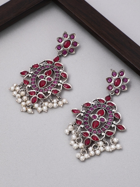 

Rubans Silver-Plated & Pink Oxidised Handcrafted Classic Drop Earrings
