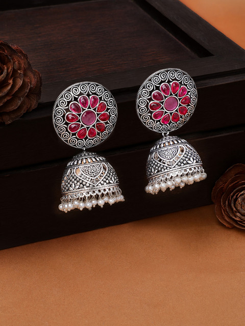 

Rubans Silver-Plated Pink Handcrafted Dome Shaped Jhumkas