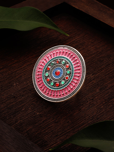 

Rubans Oxidized Silver-Plated Pink & Green Enamelled Adjustable Handcrafted Finger Ring