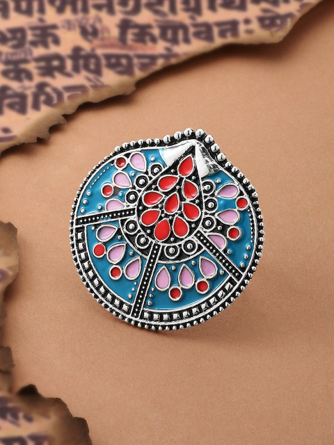 

Rubans Women Blue & Red Silver-Plated Enamelled Adjustable Finger Ring