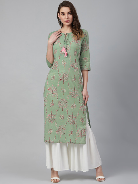 

Sringam Women Olive Green & Pink Printed Straight Kurta