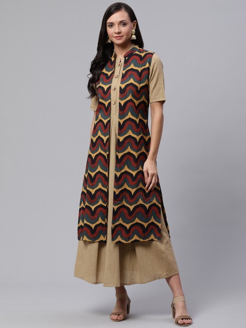 

Sringam Women Beige Printed Layered Maxi Dress
