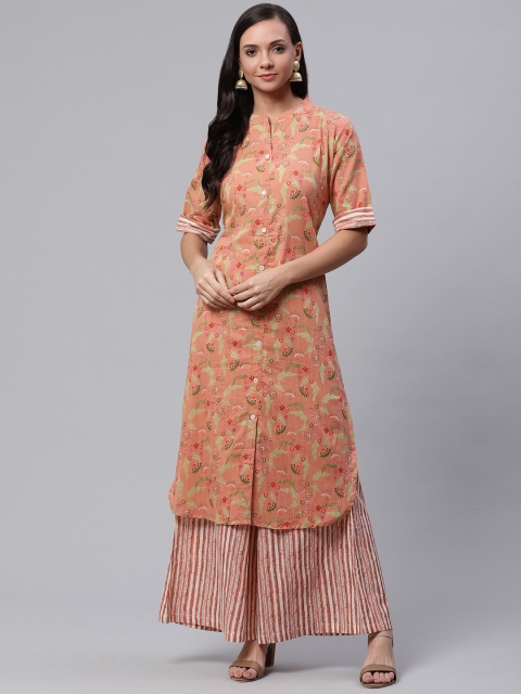 

Sringam Women Peach-Coloured & Green Printed Kurta with Palazzos