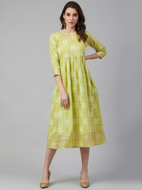 

Sringam Women Green & Off-White Printed Empire Dress