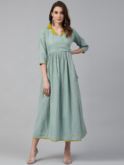 

Sringam Women Green & Red Self-Striped Maxi Dress