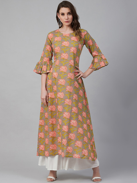 

Sringam Women Olive Green & Pink Printed A-Line Kurta