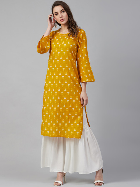 

Sringam Women Mustard Yellow & White Printed Straight Kurta