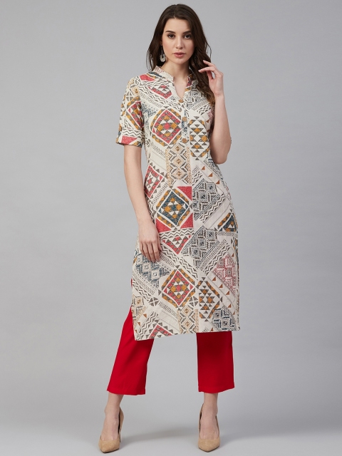 

Sringam Women Off-White & Charcoal Grey Printed Straight Kurta