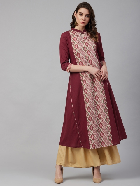 

Sringam Women Maroon & Beige Printed A-line Kurta