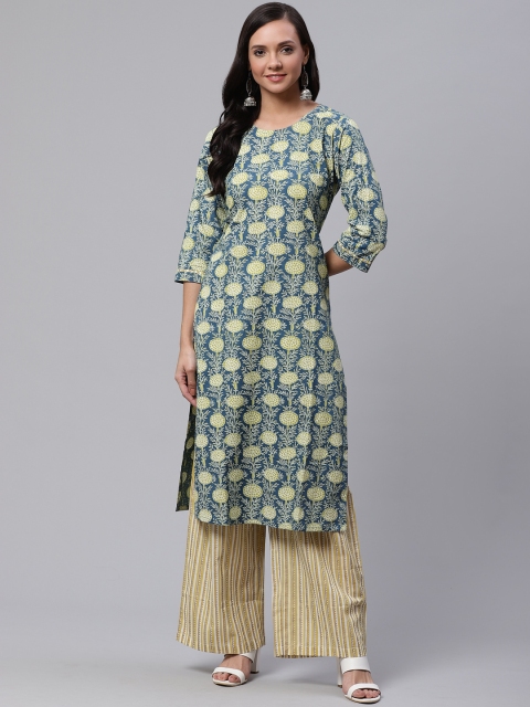 

Sringam Women Blue & Mustard Yellow Printed Kurta with Palazzos
