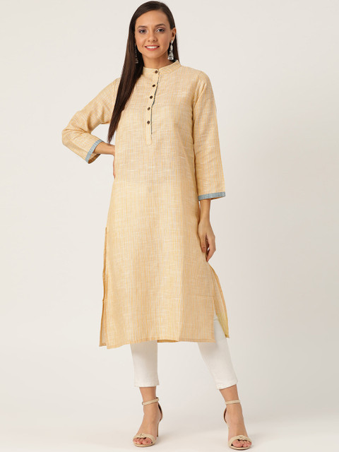 

InWeave Women Mustard Yellow & Beige Self-Striped Straight Kurta