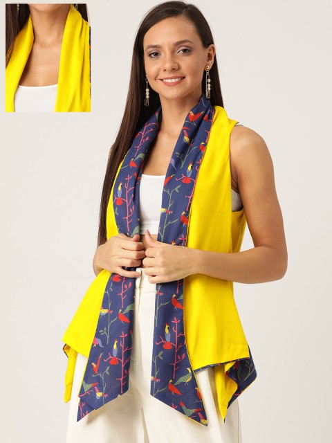 

InWeave Women Navy Blue & Yellow Birds Printed Reversible Open Front Shrug