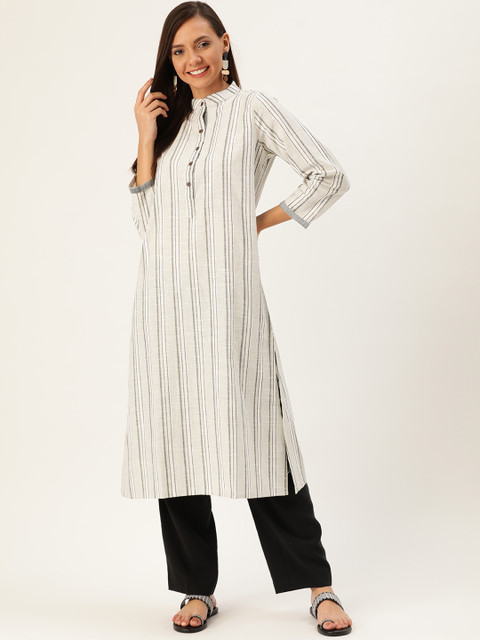 

InWeave Women Off-White & Navy Blue Handloom Striped Straight Kurta
