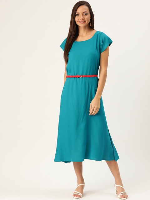 

InWeave Women Teal Blue Solid A-Line Dress With Belt