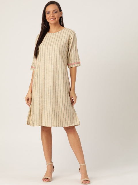 

InWeave Women Beige & Olive Green Self-Striped A-Line Dress