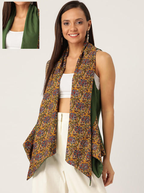 

InWeave Women Mustard Brown & Olive Green Kalamkari Printed Reversible Open Front Shrug