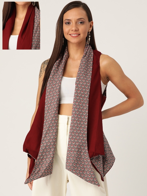 

InWeave Women Charcoal Grey & Maroon Printed Reversible Open Front Shrug