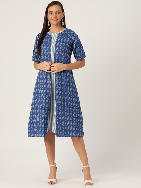 

InWeave Women Navy Blue & White Self-Design Layered A-Line Dress