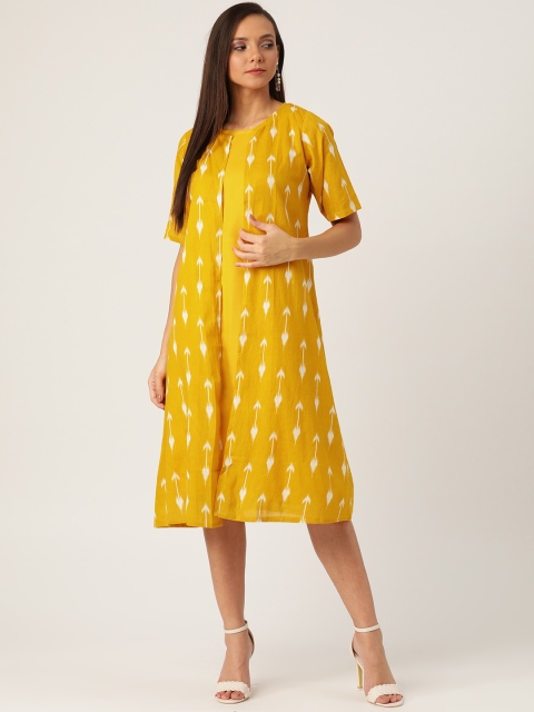 

InWeave Women Mustard Yellow & White Arrow Printed A-Line Dress With Shrug