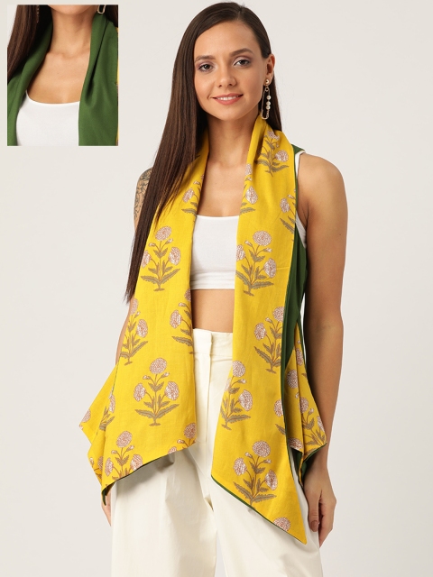 

InWeave Women Yellow & Olive Green Floral Reversible Printed Open Front Shrug