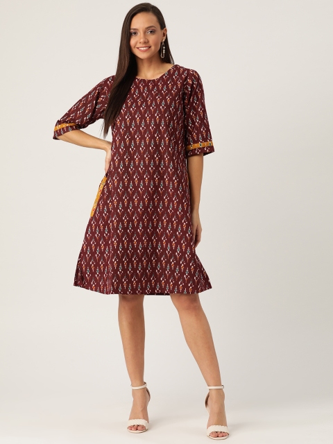 

InWeave Women Burgundy & White Kantha Ikkat Printed A-Line Dress