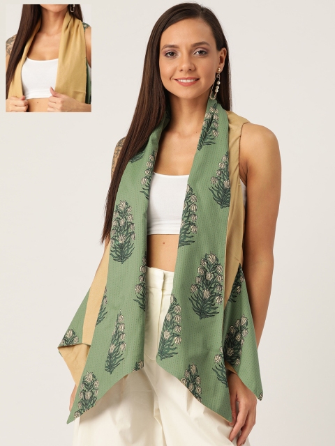 

InWeave Women Olive Green & Beige Printed Reversible Open Front Shrug
