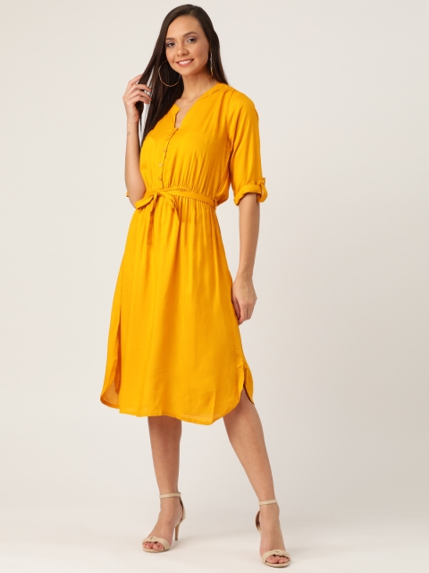 

InWeave Women Mustard Yellow Solid A-Line Dress With Belt
