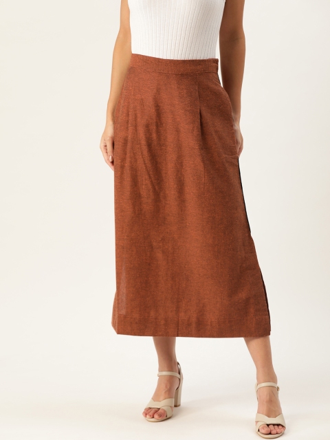 

InWeave Women Rust Orange Solid Midi Straight Skirt