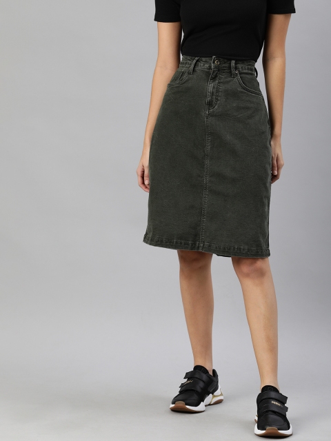 

Roadster Women Olive Green Faded Denim Straight Skirt
