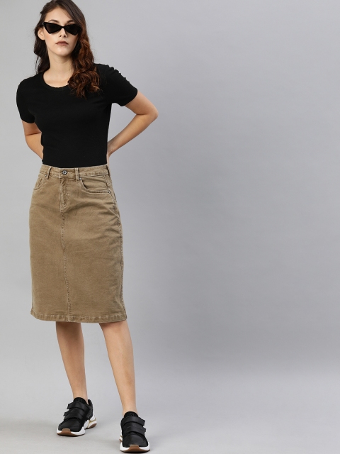 

Roadster Women Khaki Faded Denim Straight Skirt
