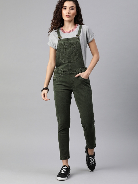 

Roadster Women Olive Green Solid Skinny Fit Dungarees