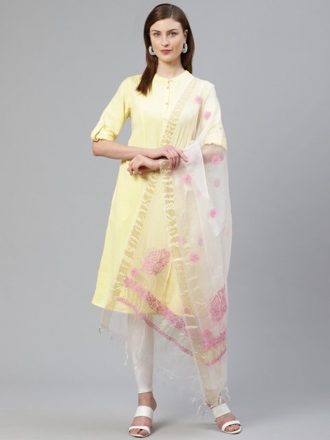 

ADA White & Mauve Woven Design Chikankari Hand Embroidered Dupatta
