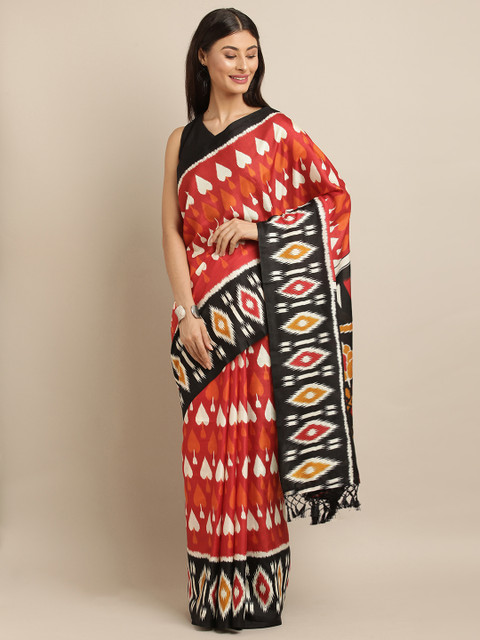 

VASTRANAND Red & Black Linen Blend Printed Ikat Saree