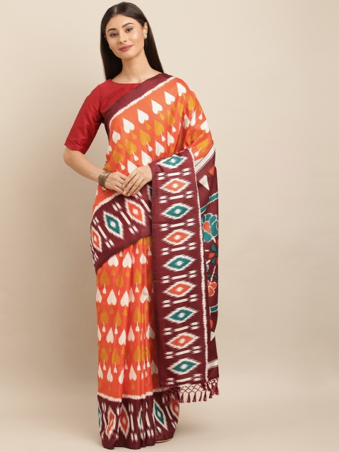 

VASTRANAND Orange & White Linen Blend Printed Ikat Saree