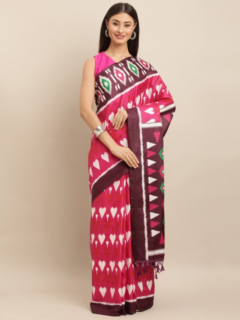 

VASTRANAND Magenta & White Linen Blend Printed Ikat Saree
