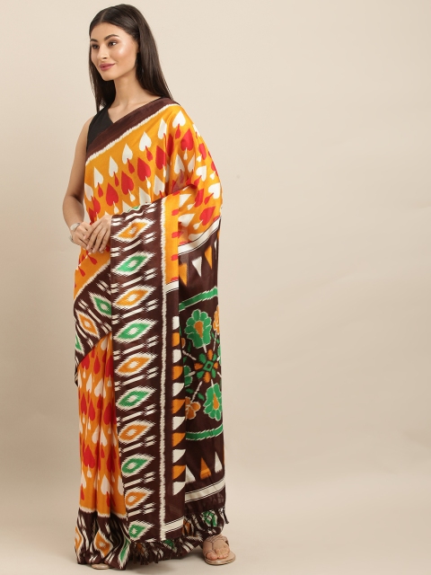 

VASTRANAND Mustard Yellow & Brown Linen Blend Printed Ikat Saree