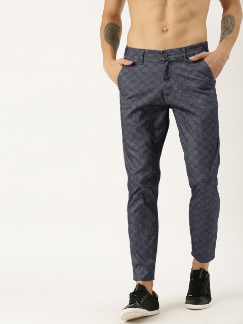 

Moda Rapido Men Navy Blue & Grey Slim Fit Checked Regular Trousers
