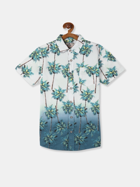 

Flying Machine Boys White & Blue Regular Fit Dip-Dyed Tropical Printed Casual Shirt