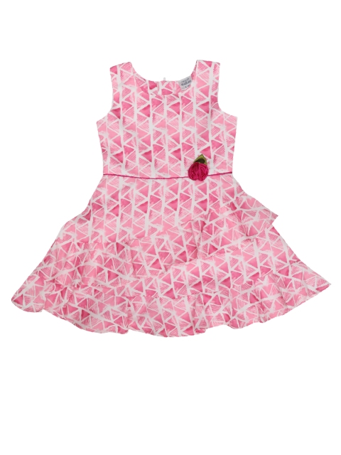 

Doodle Girls Pink & White Geometric Print Fit & Flare Dress with Ruffled Detail