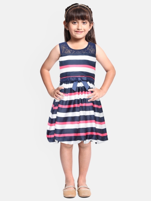 

Doodle Girls Navy Blue & Pink Striped Fit and Flare Dress