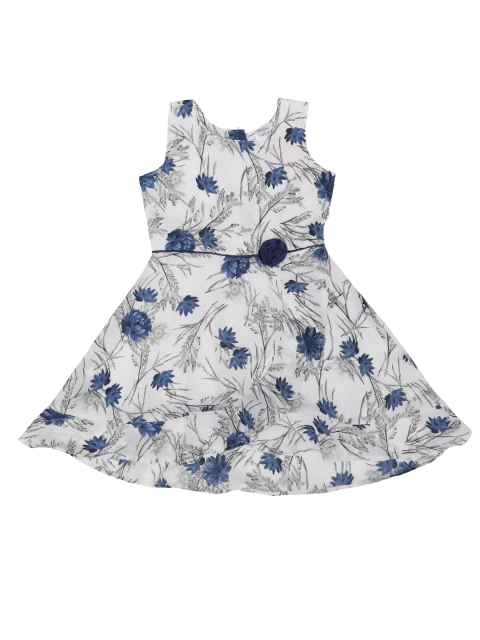 

Doodle Girls White & Navy Blue Floral Print Fit & Flare Dress with Ruffled Detail