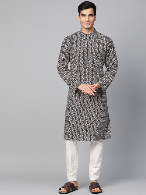 

Fabindia Men Black & Off-White Slim Fit Printed Straight Kurta