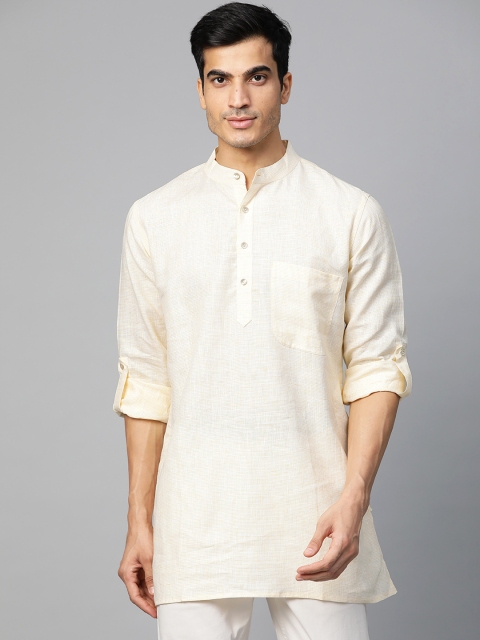 

Fabindia Men Yellow & White Linen Checked Straight Short Kurta