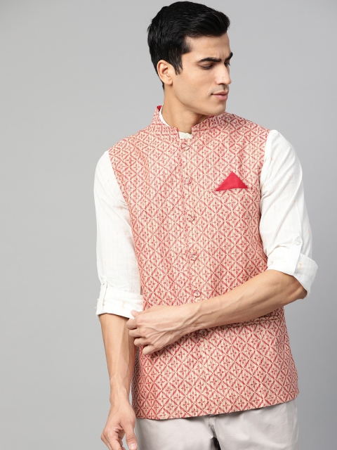 

Fabindia Men Beige & Red Printed Nehru Jacket With Pocket Square