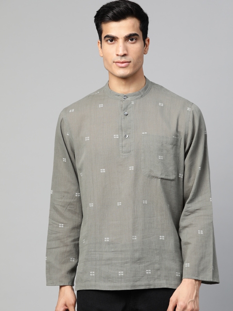 

Fabindia Men Olive Green & Off-White Woven Design Straight Kurta