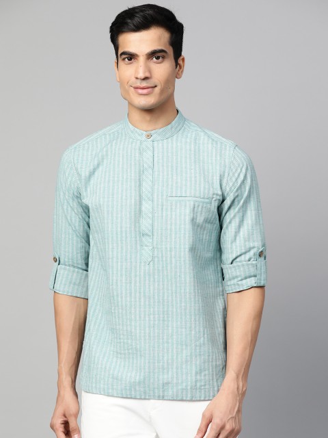 

Fabindia Men Green & Grey Striped Slim Fit Straight Kurta