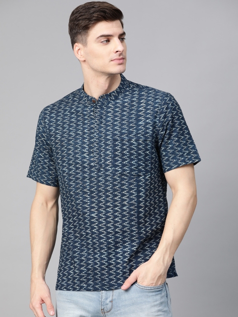 

Fabindia Men Navy Blue & Beige Hand Block Printed Indigo Dyed Straight Kurta