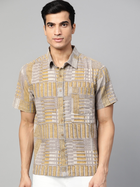 

Fabindia Men Grey & Olive Green Regular Fit Printed Casual Bush Shirt